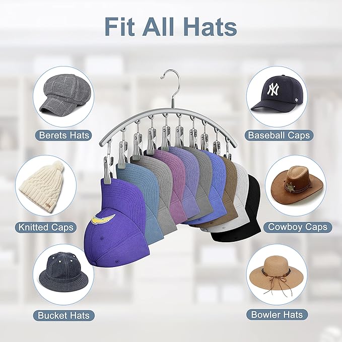 Hat Hangers for Closet, Metal Hat Organizer for Baseball Caps 2 Pack Door Hat Racks for Baseball Caps with 10 Large Clips, Baseball Cap Hangers for Closet Storage, Fits All Caps-Grey, Gray
