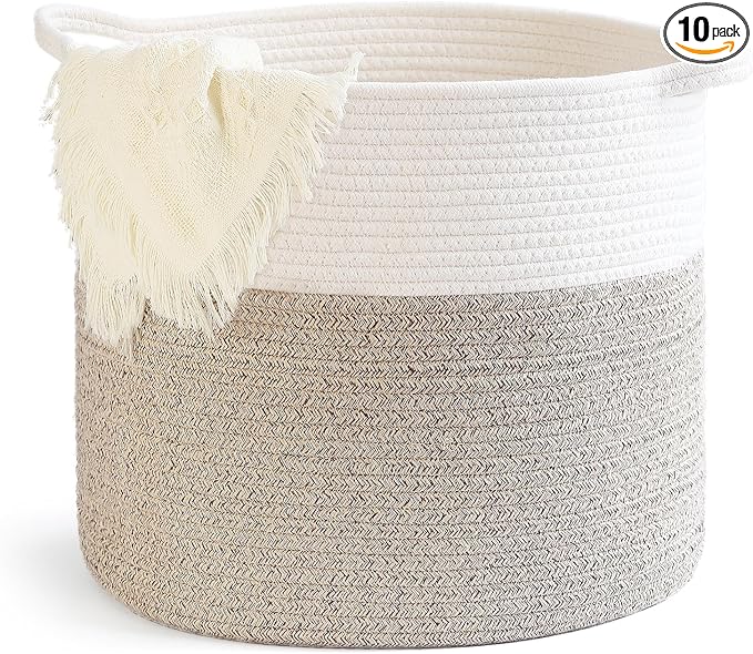 Laundry Hamper,Blanket Basket in Living Room Decor,Pure Cotton Rope Woven Basket for Dirty Clothes,Storage Basket for Nursery Bin,Baby Toy Storage,15.5 * 13.5 inches-40L White & Brown Mixed