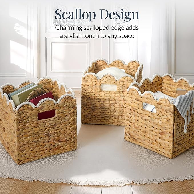 Best Choice Products 13 x 13in Scalloped Hyacinth Baskets, Rustic Set Of 5 Multipurpose Collapsible Storage Organizer, Handwoven Laundry Totes for Bedroom, Living Room, Shelves - Natural w/White Trim
