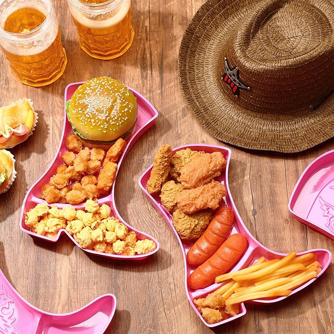 Uiifan 24 Pcs Cowboy Boot Party Serving Trays, Disposable Plastic Compartment Plates Boot Shaped Plates Western Theme Party Decorations Tableware for Cowboy Cowgirl Birthday Supplies(Pink)