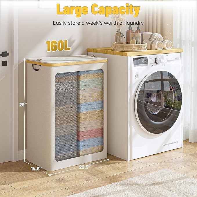 160L Double Laundry Hamper with Lid 2 Section, Large Bamboo Laundry Basket with 2 Removable Bags, Clothes Hampers for Laundry for Bedroom, Bathroom, Dorm, Laundry Room, Beige