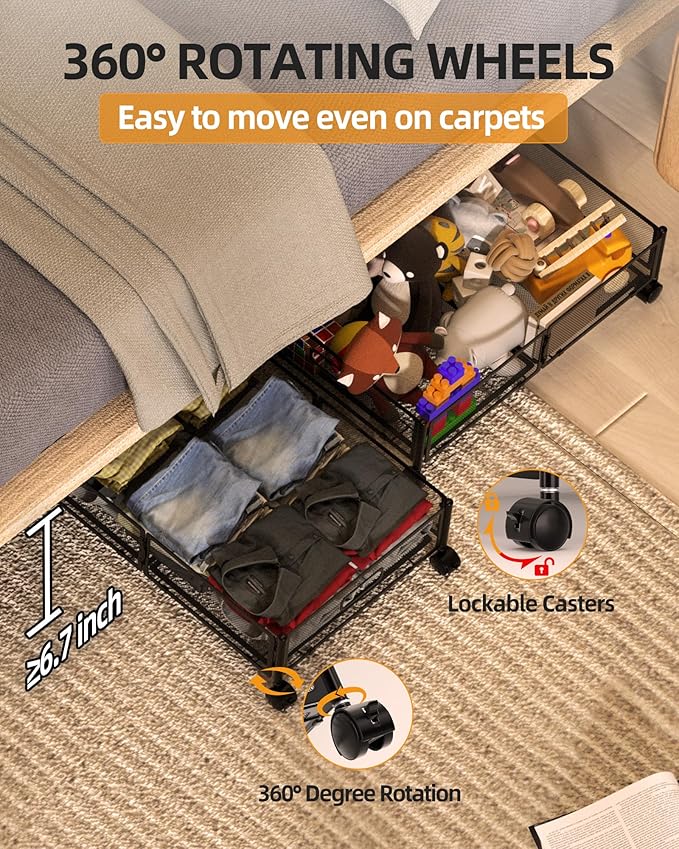 Under Bed Organizer, Storage Bins Under Bed, 60L Underbed Storage Bins for Bedroom Clothes Shoes Blankets (Black, 4 Pack)
