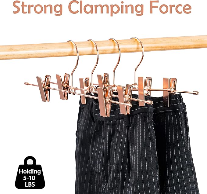 13.7" Rose Gold Copper Pants Hangers with Clips of Strong Non-Slip Skirt Hangers, Space Saving Hangers -Adjustable Clips for Slacks, Jeans, Clothes,Pants -10 Pack