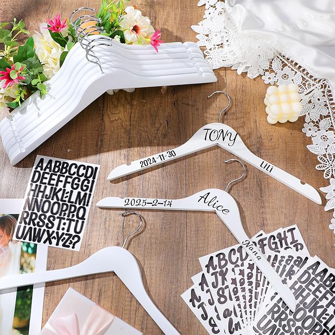 Personalized Bride Hanger for Wedding Dress, Wooden Bridesmaid Hangers 10 Pack and 15 Pcs Letter Stickers for Tuxedo Suit Wedding Gift Bridal Party Shower DIY Special Names Dates (White)