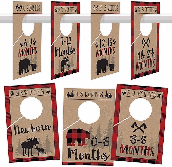 Hadley Designs 7 Lumberjack Baby Nursery Closet Organizer Dividers for Boy Clothing, Age Size Hanger Organization for Kid Toddler Infant Clothes Must Have, Shower Registry Gift, Woodland 0-24 Months