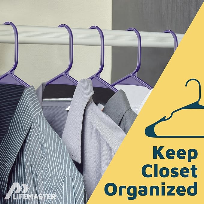 Lifemaster Plastic Clothes Hangers – Heavy Duty Hanger Set, for Organizing Clothes, Dresses, and Coat, Holds Up to 5 lbs, Space-Saving Hangers with Non-Slip Shoulder Grooves, Pack of 50, Purple