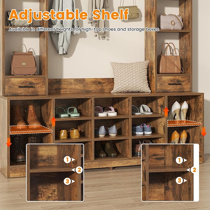 Semoic 61.6” Farmhouse Hall Tree with 2 Independent Drawers,6-in-1 Entryway Bench with Coat Rack Adjustable Shoe Storage for Foyer/Hallway,Retro