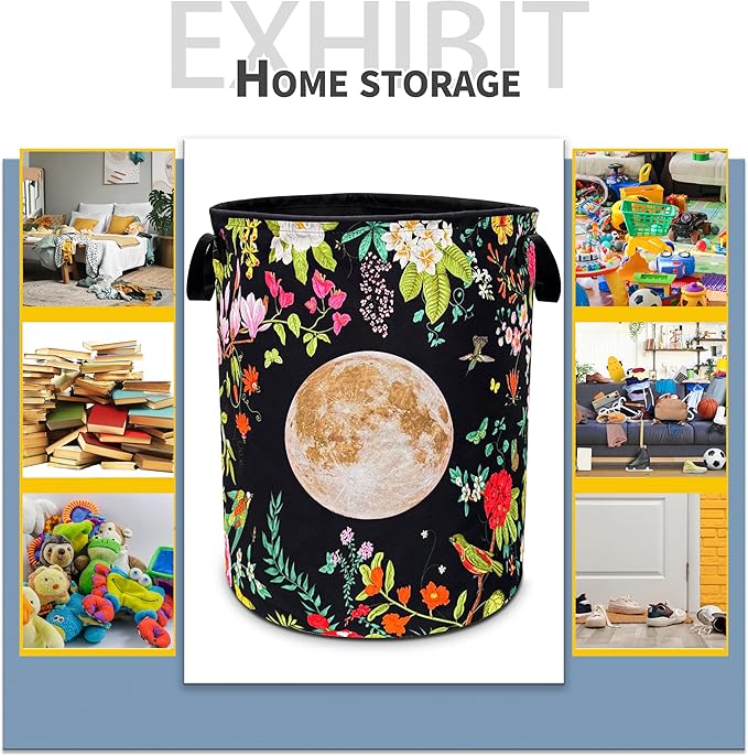 Moon Flower Laundry Basket Beautiful Floral Foldable Oxford Cloth Funny Tote Bag Laundry Hamper Clothes Storage Bucket Toy Organizer For Bathroom/Laundry Storage/Bedroom 18.9x16.5 Inch