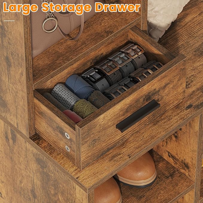 Semoic 61.6” Farmhouse Hall Tree with 2 Independent Drawers,6-in-1 Entryway Bench with Coat Rack Adjustable Shoe Storage for Foyer/Hallway,Retro