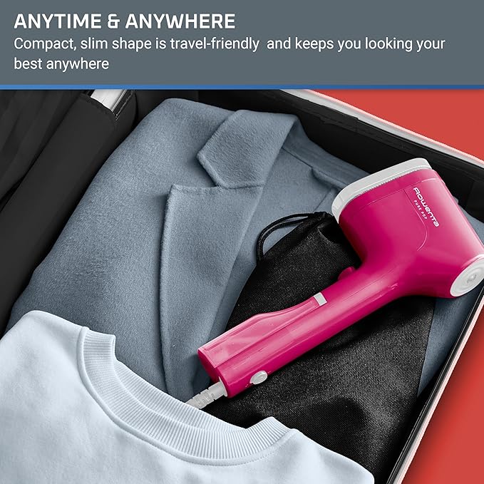 Rowenta, Steamer for Clothes, PurePop Handheld Steamer, 1.5Lbs, 15 Second Heatup, 2.3 Oz Capacity, 1150 Watts, Ironing, Pink Clothes Steamer, Vacation Essentials, Travel Must Have, DR2023