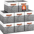 Fab totes Collapsible Storage Baskets for Shelves,14"x10", 8 Pack Foldable Fabric Storage Bins with Double Leather Handles, Large Baskets for Organizing Books, Clothes, White & Black