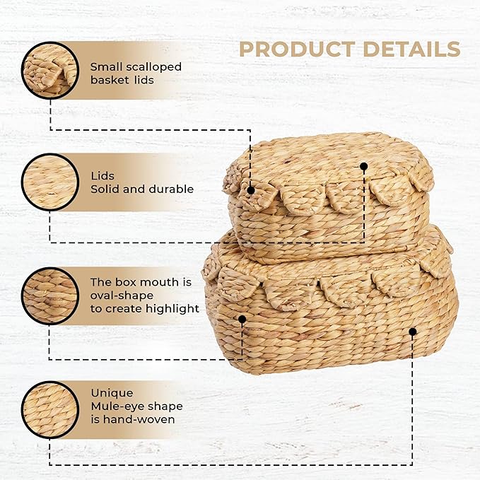 Set of 2 Wicker Storage Baskets with Lid, Rattan Basket Decorative Boxes, Woven Storage Box Hyacinth Basket with Lids, Small Scalloped Edge Wicker Baskets with Lids