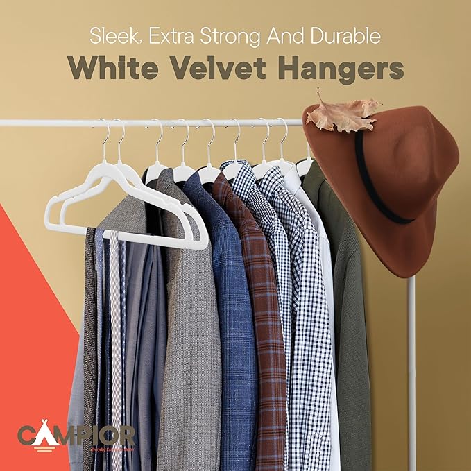 White Velvet Hangers 20 Pack – 360° Swivel Hook, Non-Slip and Space Saving Hangers, Heavy-Duty 11 lbs Weight Capacity - Smooth Velvet Finish for Crease-Free Clothes and Effortless Closet Organization