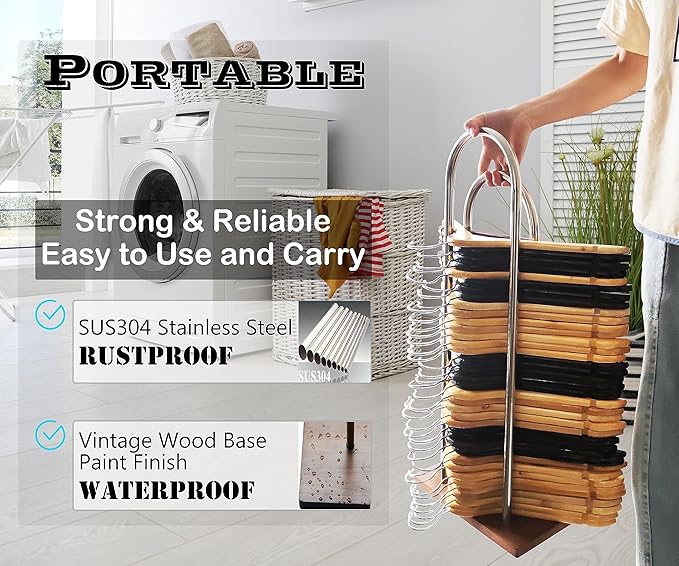 Clothes Hanger Organizer Stand, Portable Wood Storage Rack, Velvet Small Hanger Holder for Closet & Laundry (Small - 25.6”H)