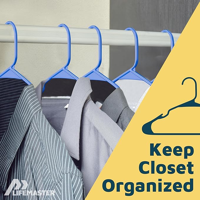 Lifemaster Plastic Clothes Hangers – Heavy Duty Hanger Set, for Organizing Clothes, Dresses, and Coat, Holds Up to 5 lbs, Space-Saving Hangers with Non-Slip Shoulder Grooves, Pack of 100, Blue