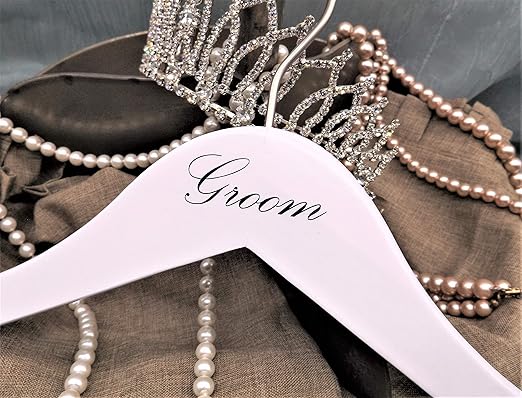 NAHANCO G20117WB Bridal Hanger, White Wood Suit Hanger with Black Imprint (Groom), 17” (1 Piece)