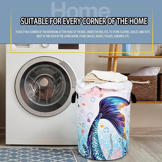 Blue Purple Mermaid Tail Laundry Basket Beautiful Foldable Oxford Cloth Funny Tote Bag Laundry Hamper Clothes Storage Bucket Toy Organizer For Bathroom/Laundry Storage/Bedroom 18.9x16.5 In