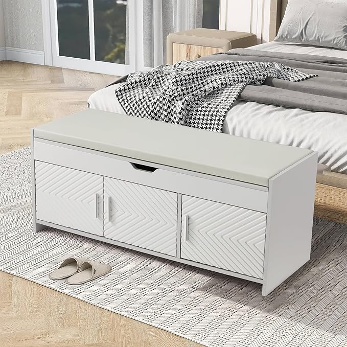 ECOTOUGE Storage Bench, Shoe Bench with Lift Top Storage, Wooden Entryway Bench with Cushioned Seat, Adjustable Shelf for Living Room, Bedroom, Hallway, Light Grey