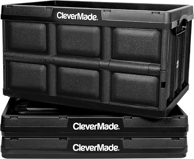 CleverMade Collapsible Storage Bins - Black 3 Pack 32L - Stackable Containers Heavy Duty Capacity Folding Crates - Space-Saving for Home