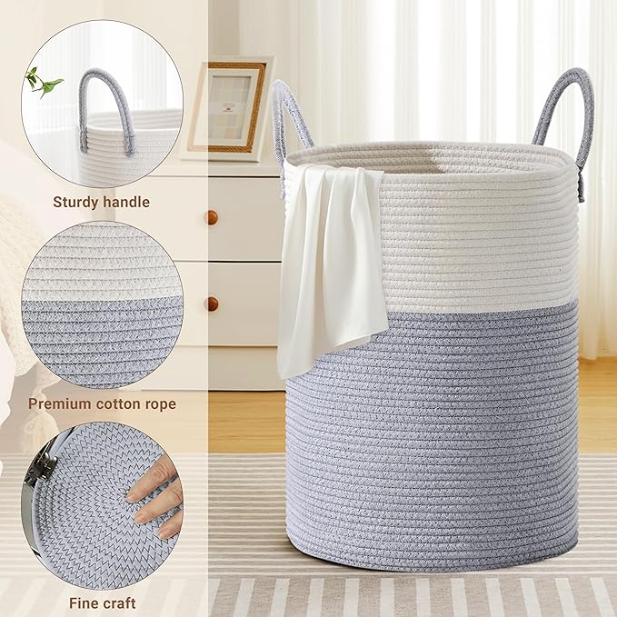 Tall Laundry Basket with Handles, 100L Portable Dirty Clothes Hamper, Boho Cotton Rope Storage Bin for Blankets Kids Toys Gifts, Extra Large Organizer for Baby Nursery Bedroom Bathroom, Grey