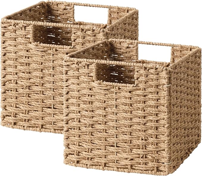 StorageWorks 9 inch Wicker Storage Cubes, Handwoven Wicker Baskets for Storage, Square Cube Organizer Bins, Foldable Paper Rope Basket for Organizing, Natural, 2 Pack
