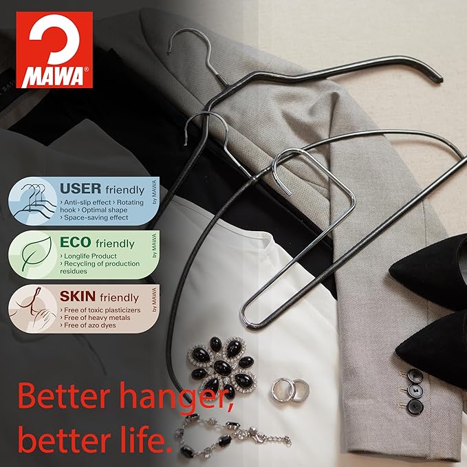 Mawa by Reston Lloyd Reverse Hook Trouser Series Non-Slip Space-Saving Clothes Hanger with Single Rod for Pants, Style KH/35U, Set of 10, Silver