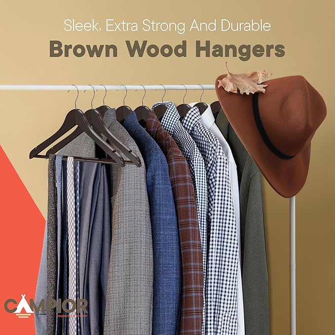 Brown Wooden Hangers 50 Pack – Heavy-Duty with 360° Swivel Hook, Non-Slip, Pants Bar & Shoulder Grooves - Wooden Hangers for Suits, Jackets, Dresses & Camisoles, Space-Saving and Smooth Finish