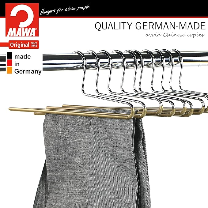 Mawa by Reston Lloyd Non-Slip Space Saving Clothes Hanger with Single Rod for Pants, Style KH/1, Set of 10, Gold