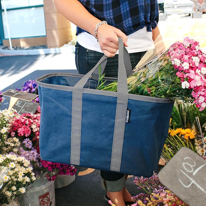 CleverMade EcoBasket 30L Collapsible Tote Basket – Reusable Grocery Tote That Stands Upright, Foldable Shopping Basket for Car Trunk Storage, Heavy Duty Utility Bag, 30 lb Capacity - Blue