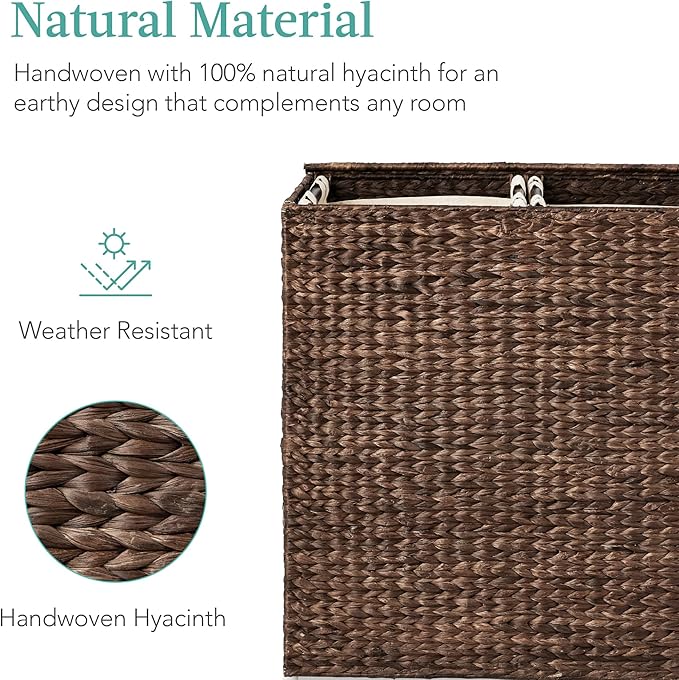 Best Choice Products Large Double Laundry Hamper with Lid, Natural Handwoven Water Hyacinth, 2 Sections w/ 2 Machine Washable Linen Liner Bags, Portable, Handles - Espresso