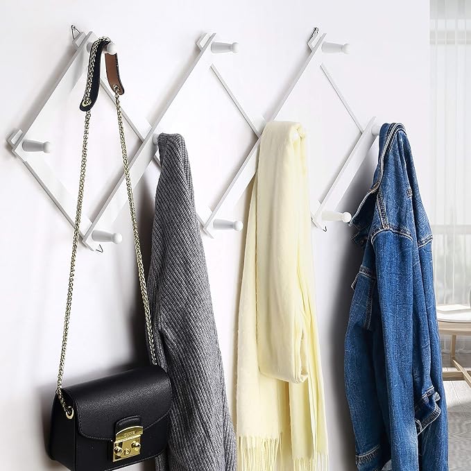 Dseap Accordian Wall Hanger: 16” High Wooden Wall Expandable Coat Rack, Hat Rack Holder, Accordion Hook for Baseball Caps, Coats, Mugs, 10 Peg Hooks, White