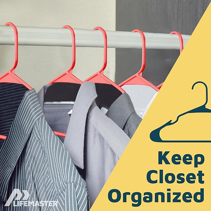 Lifemaster Plastic Clothes Hangers – Heavy Duty Hanger Set, for Organizing Clothes, Dresses, and Coat, Holds Up to 5 lbs, Space-Saving Hangers with Non-Slip Shoulder Grooves, Pack of 120, Red