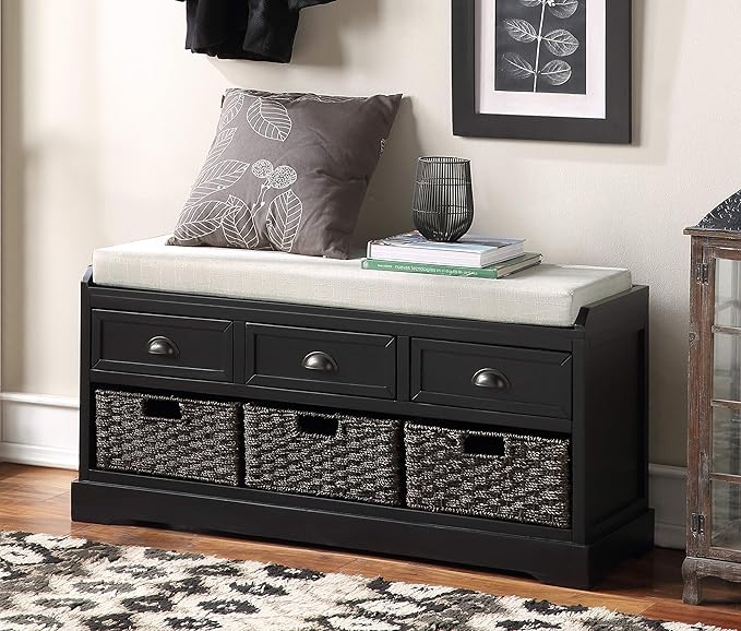 Merax Classic Wood Entryway Bench with 3 Drawers, 3 Rattan Basket Shoe Cabinet for Hallway Front Door Black