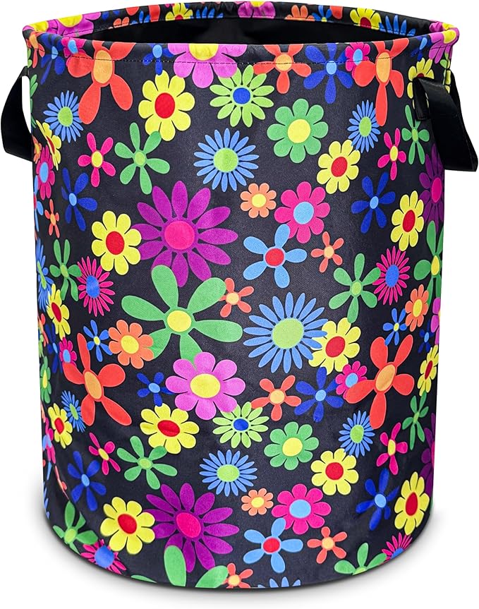 Color Hippie Flowers Laundry Basket Folk Art Flowers Foldable Oxford Cloth Funny Tote Bag Laundry Hamper Clothes Storage Bucket Toy Organizer For Bathroom/Laundry/Bedroom 18.9x16.5 In