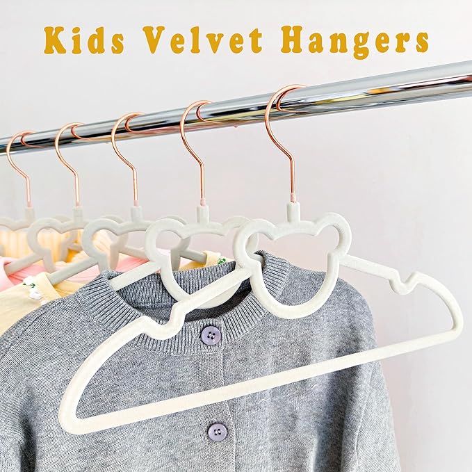 30 Pack Gray Velvet Kids Clothes Hangers - 12.6in for Ages 4-10, with Cute Bear, Rotating Rose Gold Hook, Non-Slip, Space-Saving Slim Felt Hangers for Toddler Coats, Jackets, Dresses
