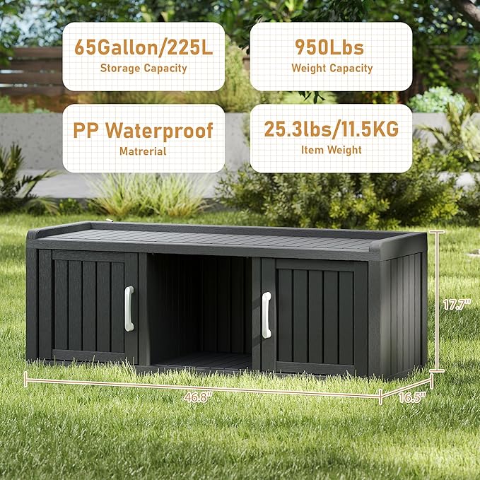 KAMABOKO Shoe Storage Cabinet Waterproof UV-Resistant, Entryway Storage Bench Indoor Outdoor with 2 Doors, Adjustable Shelves for Entryway, Bedroom, Hallway,Living Room(Black)