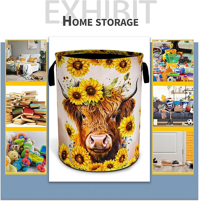 Highland Cow Laundry Basket Sunflower Flowers Foldable Oxford Cloth Funny Tote Bag Laundry Hamper Clothes Storage Bucket Toy Organizer For Bathroom/Laundry Storage/Bedroom 18.9x16.5 Inch