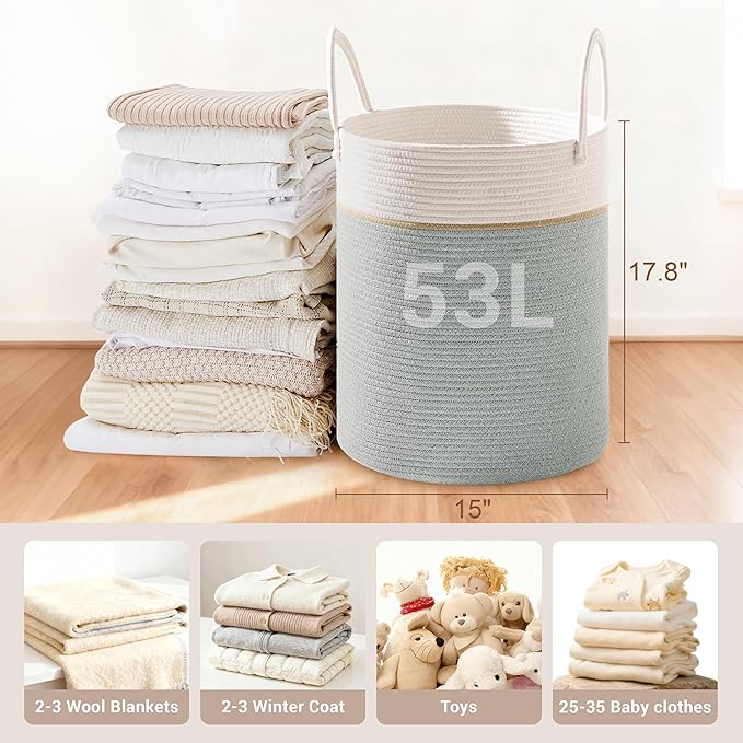 Tall Laundry Basket with Handles, 53L Portable Dirty Clothes Hamper, Boho Cotton Rope Storage Bin for Blankets Kids Toys Gifts, Decorative Organizer for Nursery Bedroom Bathroom, Sage Green