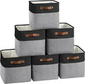 Cube Storage Baskets 6 Pack, 11x11 inch Cube Storage Bins with Leather Handles for Shelf Closet (Black/ Gray)