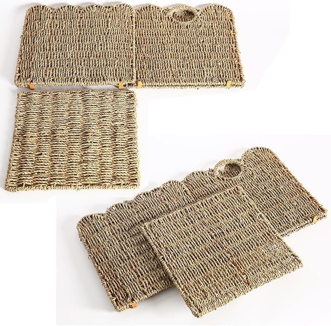 Scalloped Wicker Storage Cubes Basket, 12”x12“ Heavy Duty Paper rope/Hyacinth/Seagrass Baskets for Shelves, Foldable Natural Boho Square Bins (Seagrass, 12 x 12 x 12in, 4-Pack)