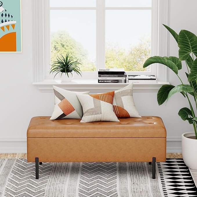 Andeworld Storage Bench, Faux Leather Modern Bedroom Bench, Upholstered Tufted Large Settee Ottoman with Storage Bench for Bedroom,Living Room,Entryway,Brown