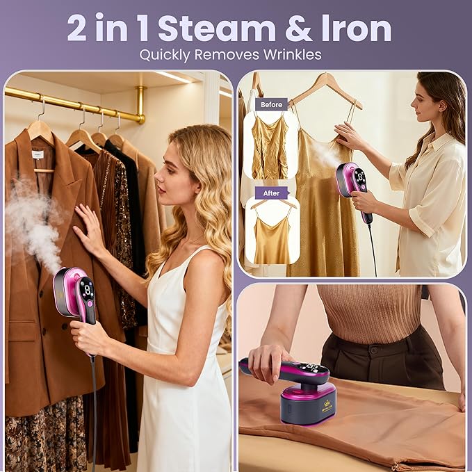 Travel Steamer for Clothes with Ironing Gloves, All-Fabric Wrinkle Removal 4 Adjustable Modes, 10s fast Heat Up, Large Ceramic Heat Panel, 100ml water tank, 2in1 Steamer Iron1200W (110-120V) (PINK)