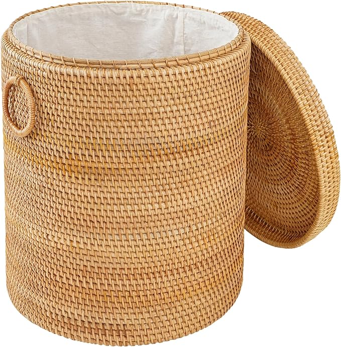 17.7"×15.7"×15.7" Rattan Laundry Basket With Handle, Rattan Laundry Hamper With Liner Bag, Round Wicker Large Hampers For Organizing Clothes Kids Toys Books