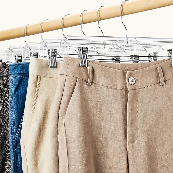 HOUSE DAY Bulk Clear Pants Hangers with Clips 500 Pack, Non-Slip Plastic Skirt Hanger with 2 Adjustable Clips, Slim Clip Hangers for Pants, Skirts, Shorts, 14" Clear Hanger, 360-Rotating Swivel Hook