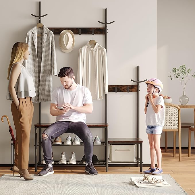 CharaVector Hall Tree Coat Rack Shoe Bench, Industrial Design, 3-in-1, Rustic Brown