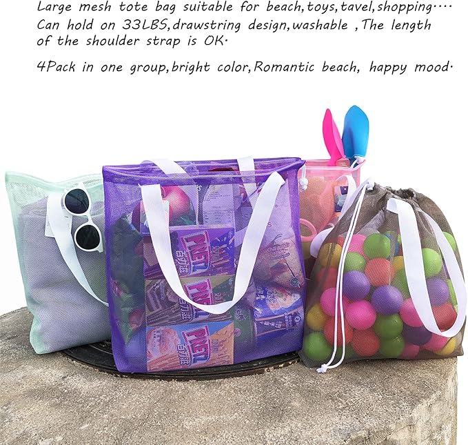 Reusable 4Pack Colorful Mesh Beach Tote Bags,Mesh Shopping Bag With Drawstring For Travel,Toys,Gift Or Laundry … …