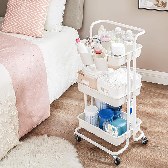 SONGMICS Rolling Cart, 3-Tier Storage Cart, Storage Trolley with Handle 2 Small Organizers, Steel Frame, Plastic Baskets, Utility Cart, Easy Assembly, for Bathroom Laundry Room, White UBSC067W01