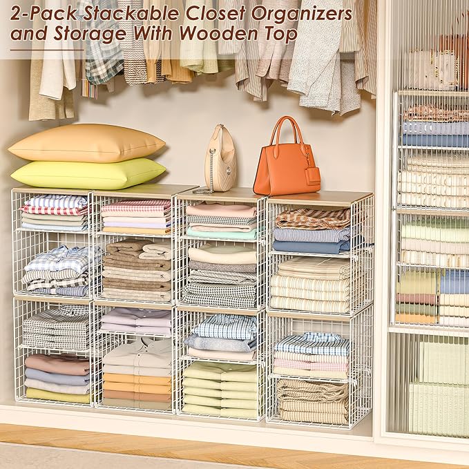 4-Tier Stackable Closet Organizers and Storage, Adjustable Dividers & Wood Top Storage Shelves for Clothes, Wardrobe & Closet Storage Basket Bins/Cube, Space-Saving Closet Organizer System, White