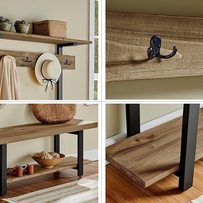 Alaterre Furniture Pomona Entryway Organizer – Modern Farmhouse 48-Inch Solid Wood Hall Tree with Bench, Shelves & Metal Coat Hooks – Mudroom & Foyer Storage for Jackets, Bags & Shoes (Rustic Brown)