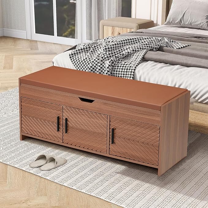 ECOTOUGE Storage Bench, Shoe Bench with Lift Top Storage, Wooden Entryway Bench with Cushioned Seat, Adjustable Shelf for Living Room, Bedroom, Hallway, Brown